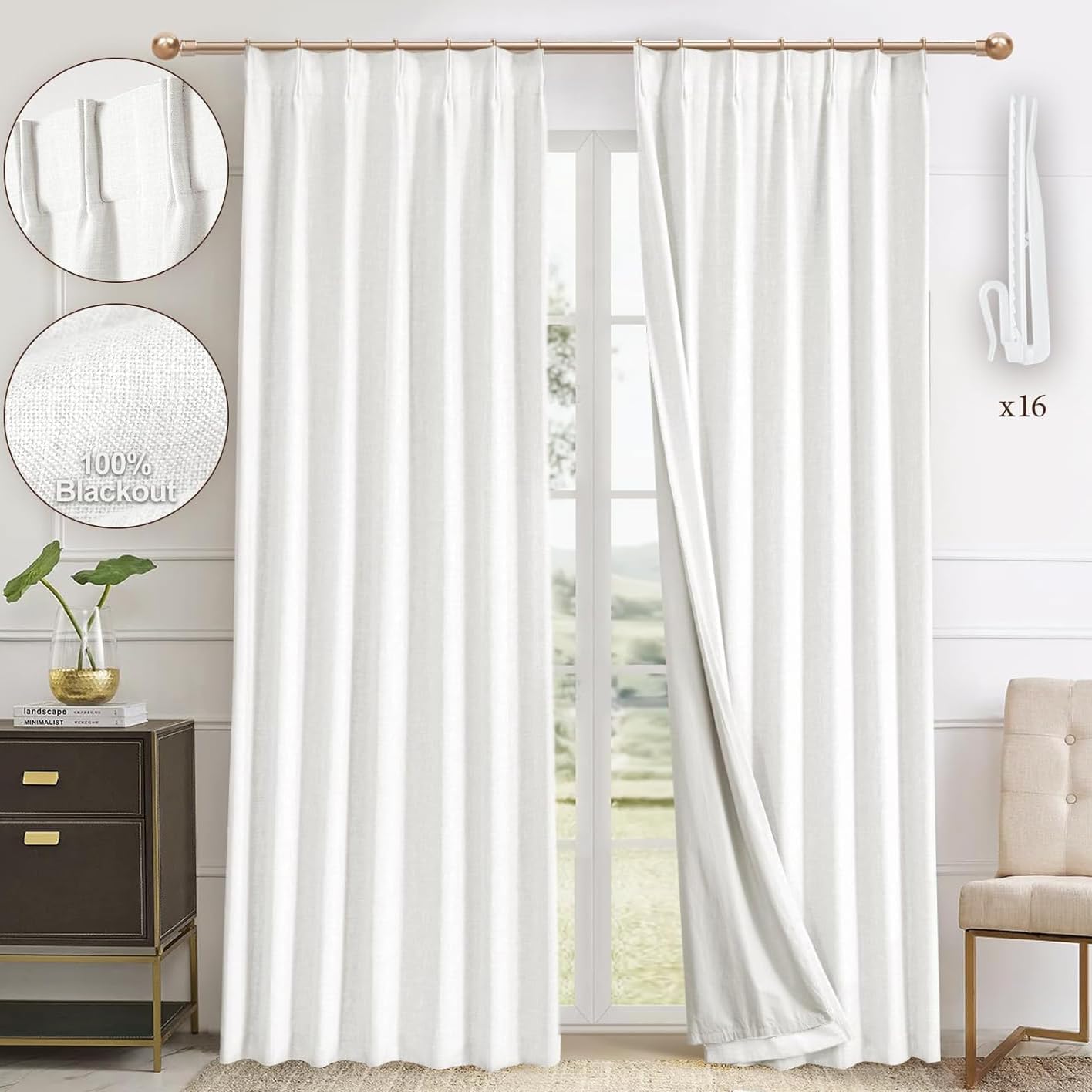 Parojati Natural Thick Linen Blend Pinch Pleated Blackout Curtains