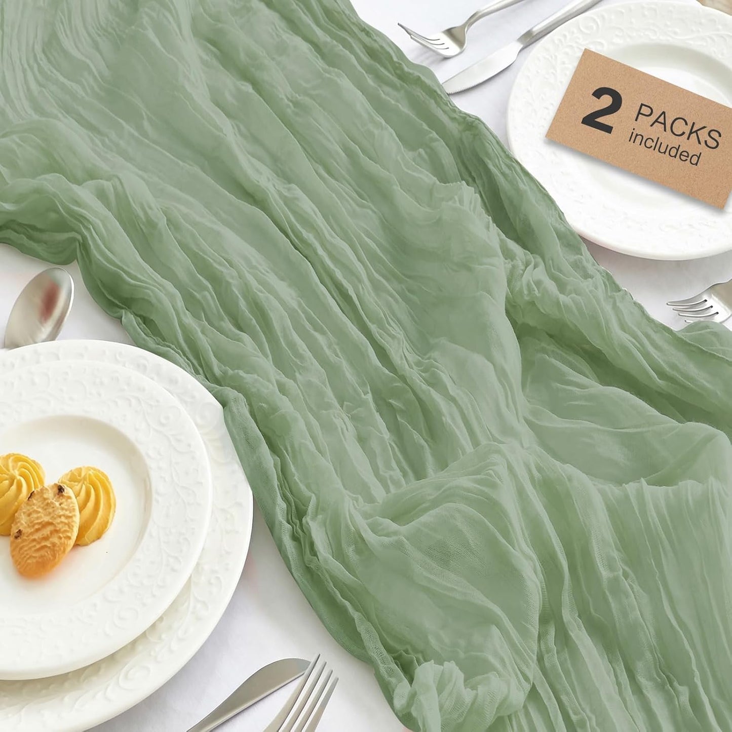 IVAPUPU 2 Pcs Cheesecloth Table Runner - 10ft Sage Green Boho Rustic Gauze Cheese Cloth Table Runner for Baby Shower Decorations Wedding Party Summer Garden Farmhouse Decor