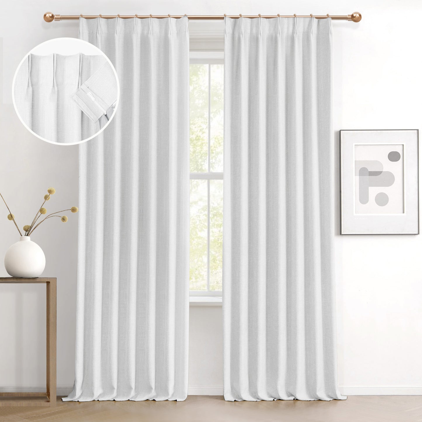 IVAPUPU Natural Thick Linen Blend Pinch Pleated Blackout Curtains,84 Inch